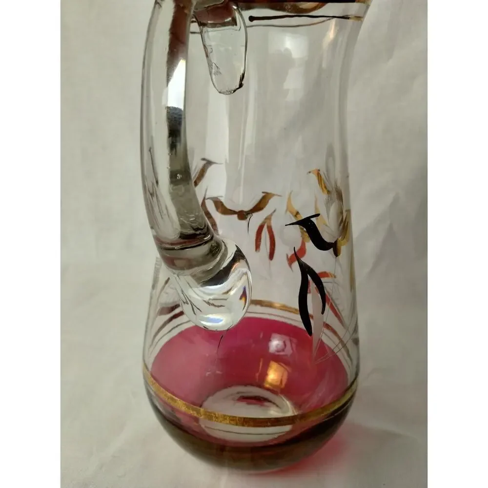 Vintage Glass Pitcher and Two Glasses - Etched - Cracked - Display Only